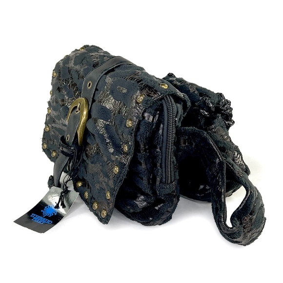 Tornado Mart Vintage Black Stamped Faux Fur/Leather Double Fanny Pack from Japan - Picture 3 of 7